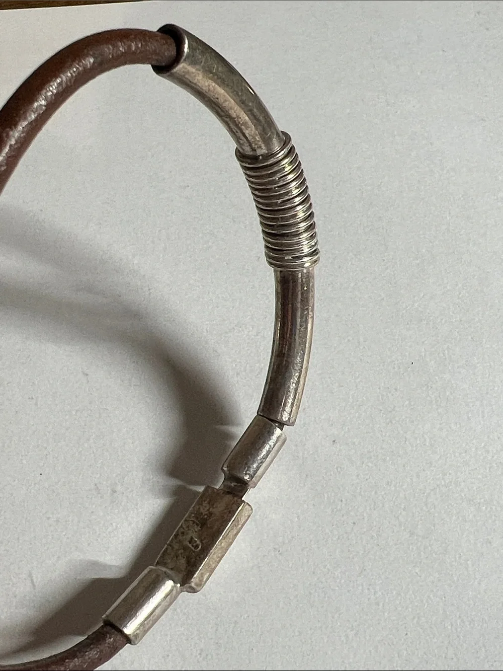 Men’s Brown Leather Bracelet with 925 Silver-Tone Coil Accent